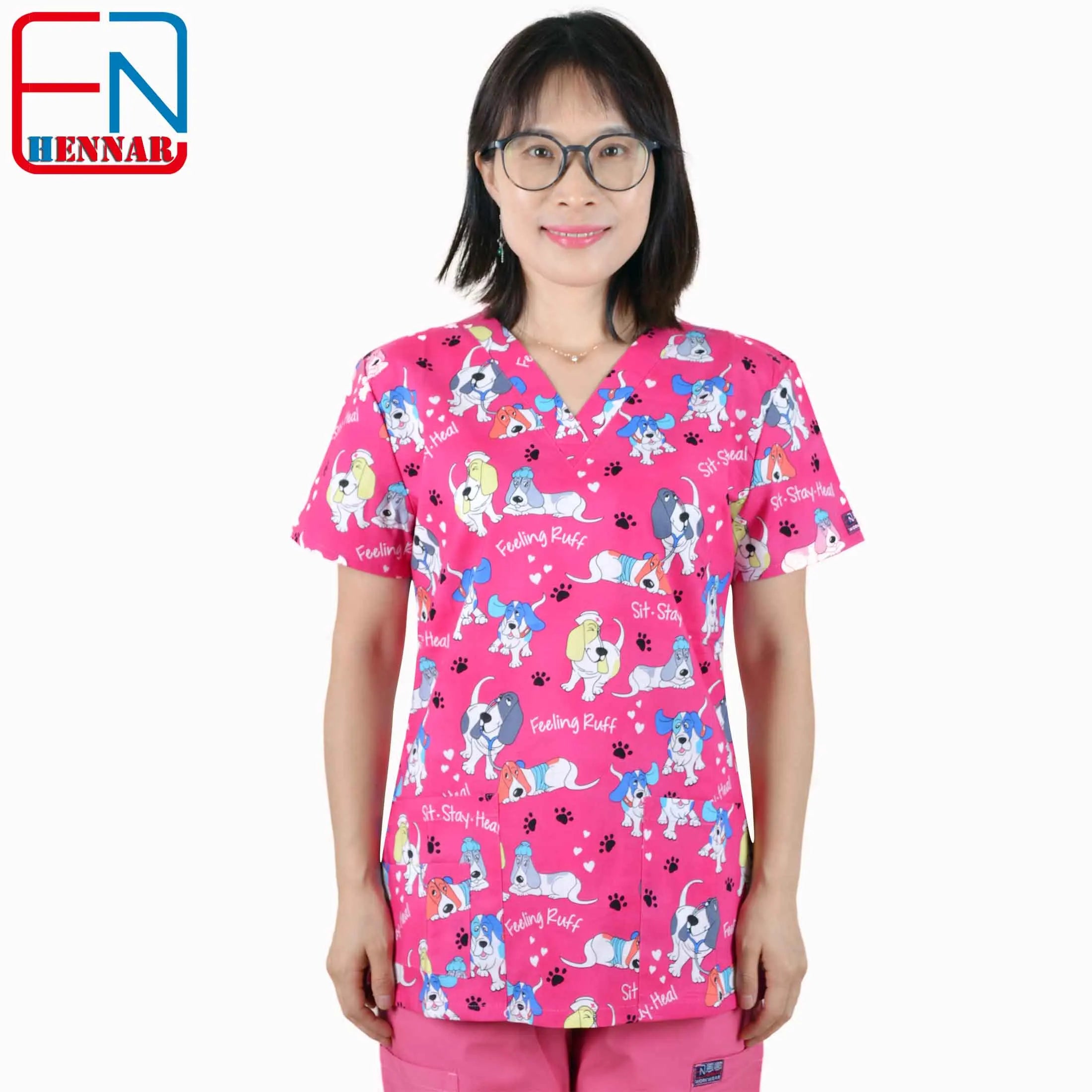Women’s Printed V-Neck Scrub Top with Pockets – Multiple Designs
