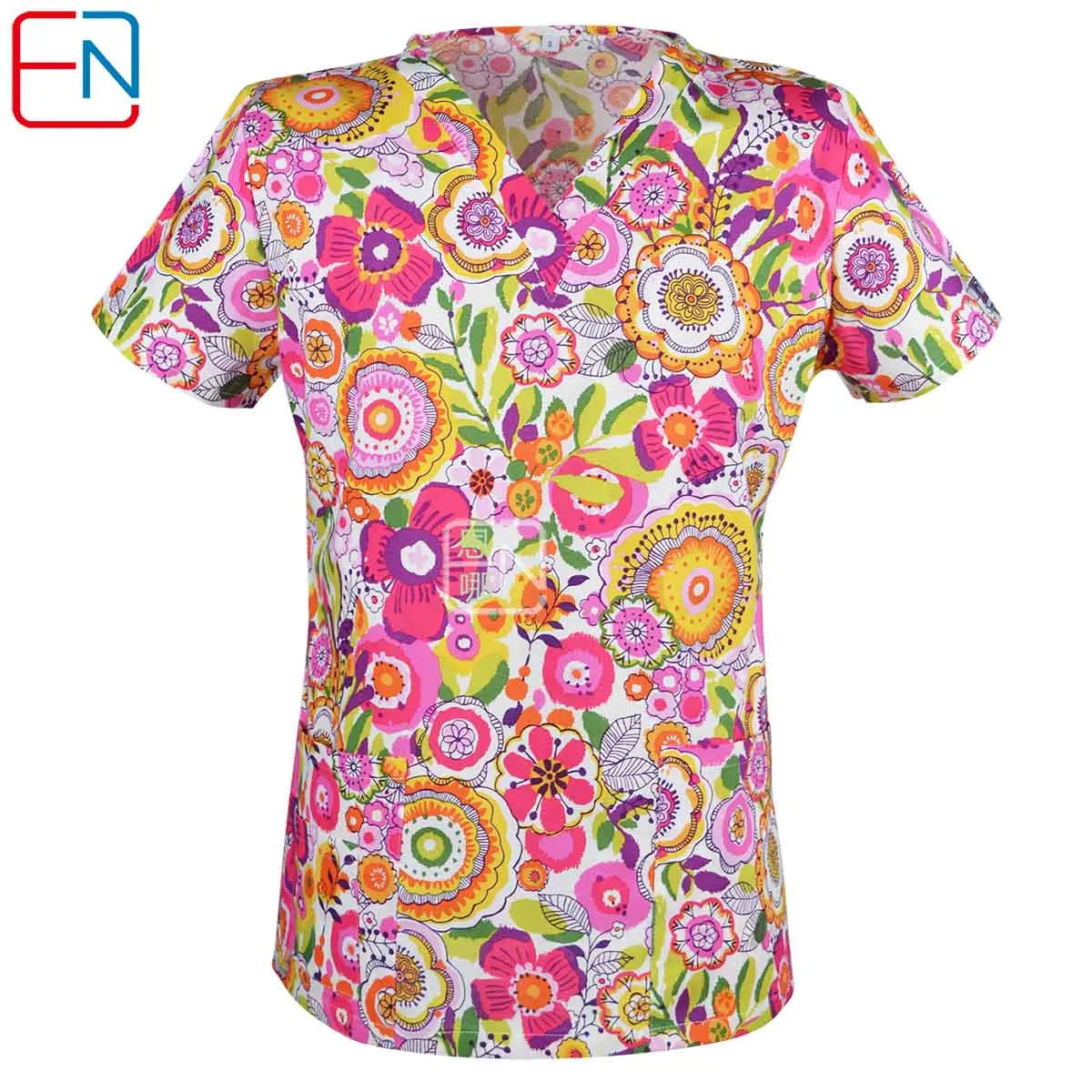 Women’s Printed V-Neck Scrub Top with Pockets – Multiple Designs