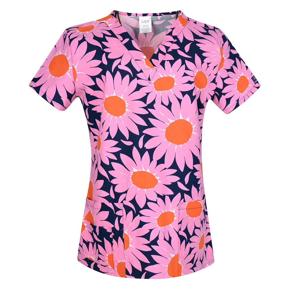 Women’s Printed V-Neck Scrub Top with Pockets – Multiple Designs