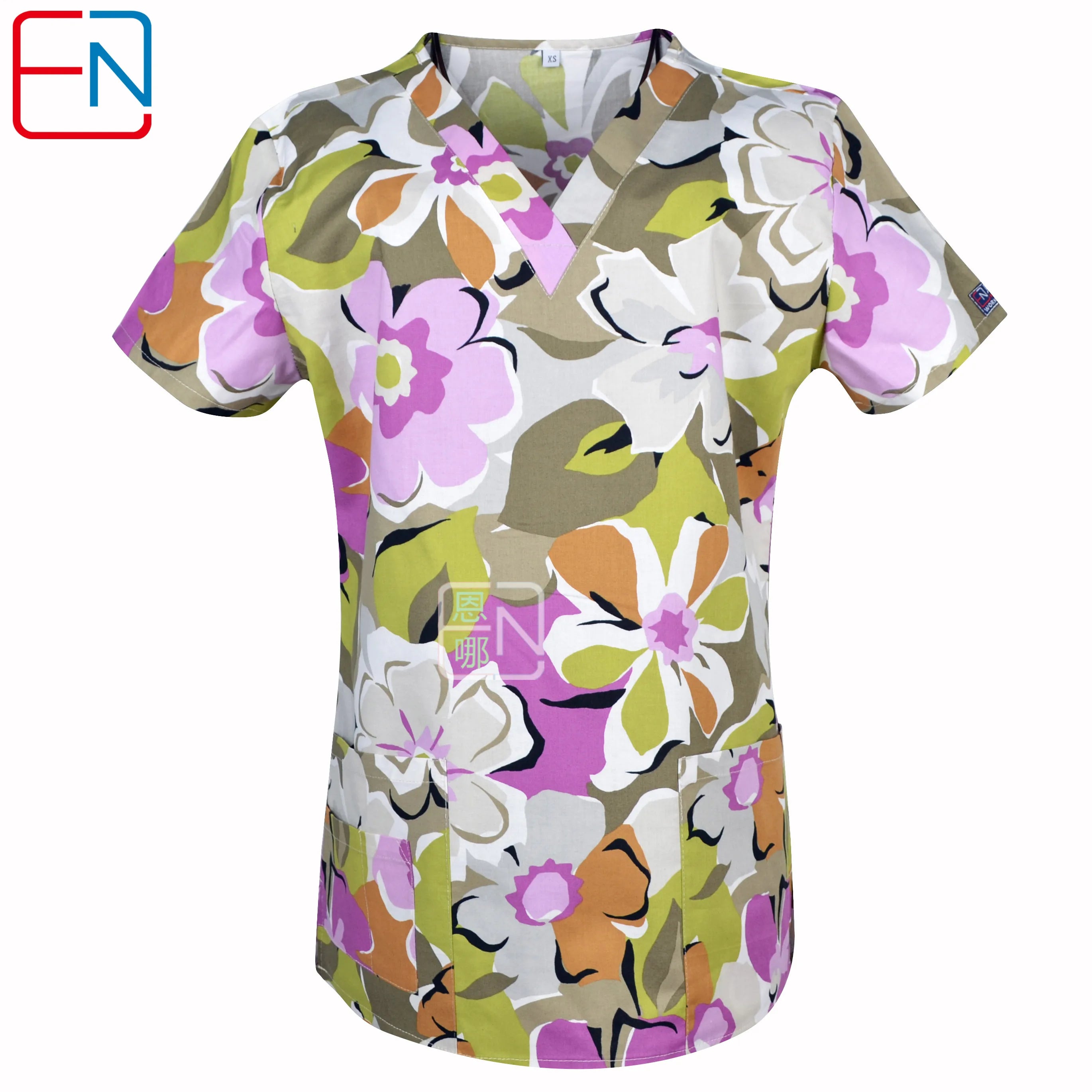Women’s Printed V-Neck Scrub Top with Pockets – Multiple Designs