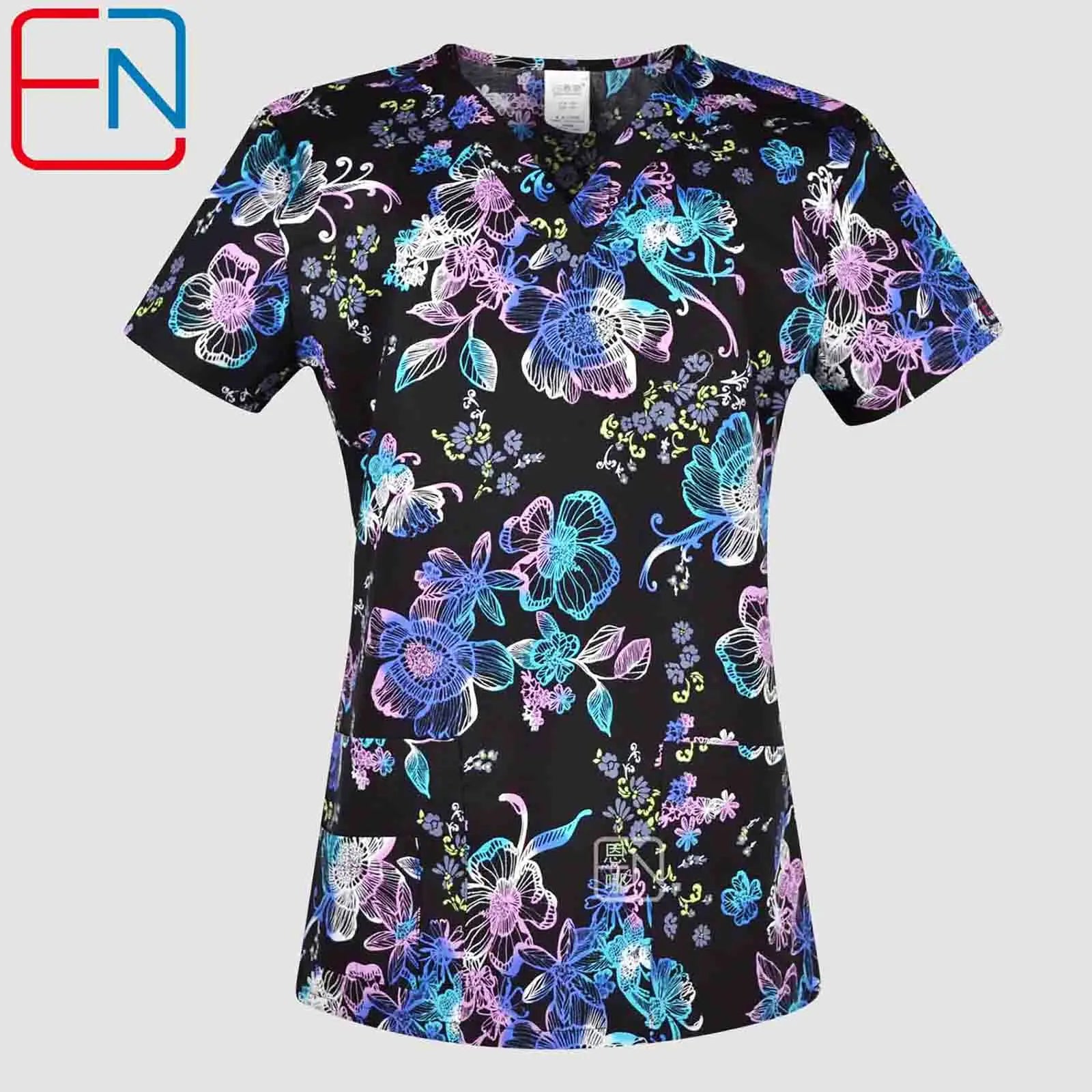 Women’s Printed V-Neck Scrub Top with Pockets – Multiple Designs
