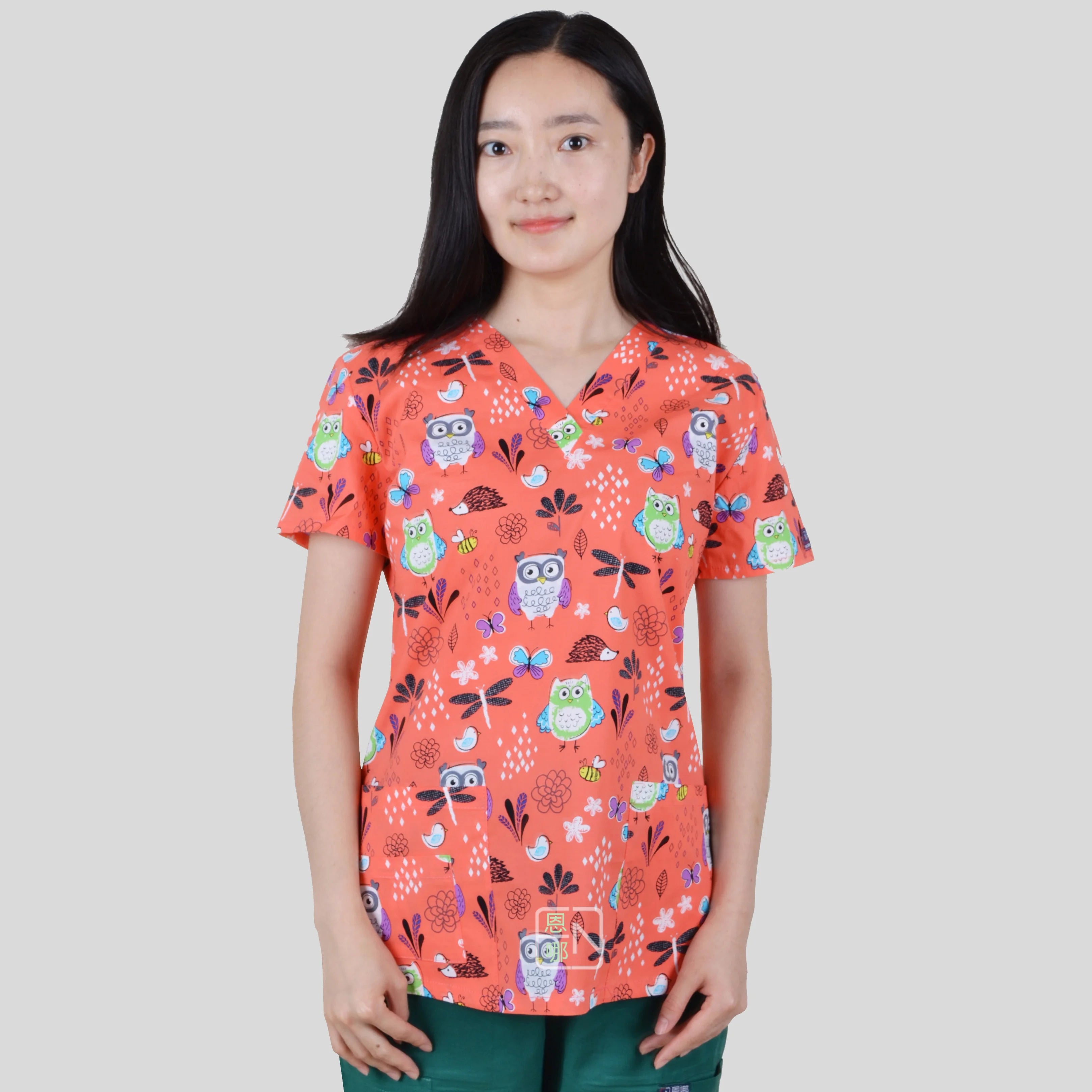 Women’s Printed V-Neck Scrub Top with Pockets – Multiple Designs