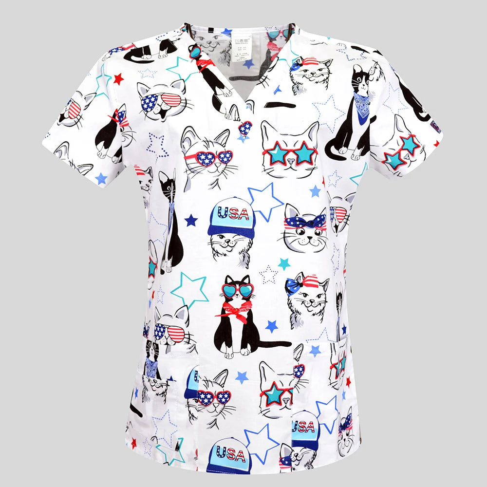 Women’s Printed V-Neck Scrub Top with Pockets – Multiple Designs
