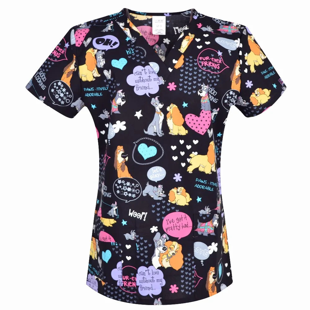 Women’s Printed V-Neck Scrub Top with Pockets – Multiple Designs