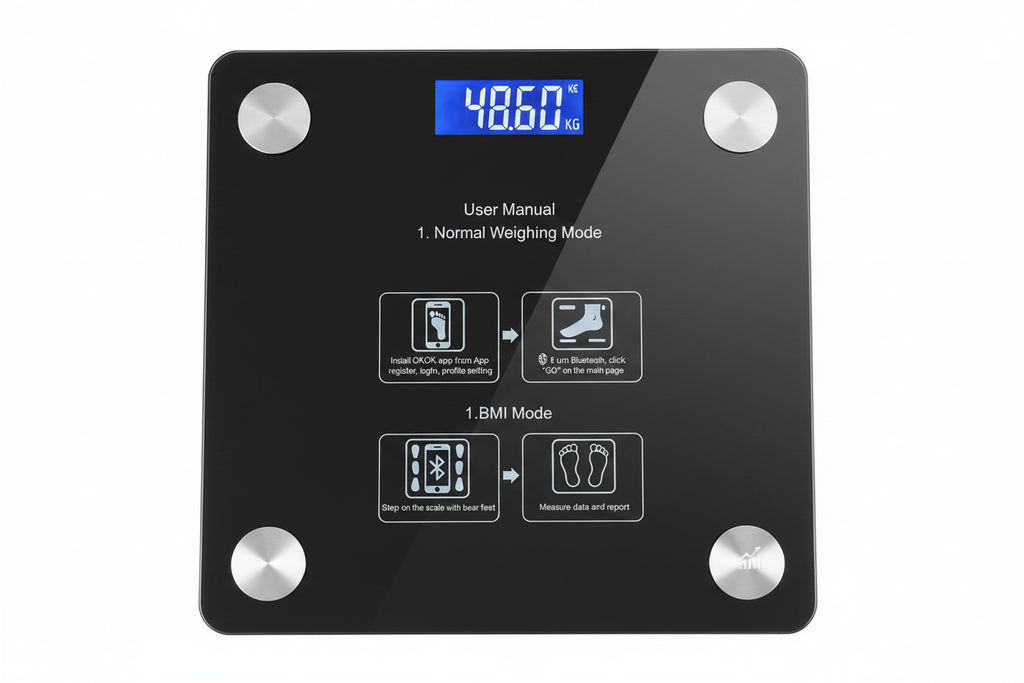 Digital body fat scale with user manual on a white background, branded as DQOK.