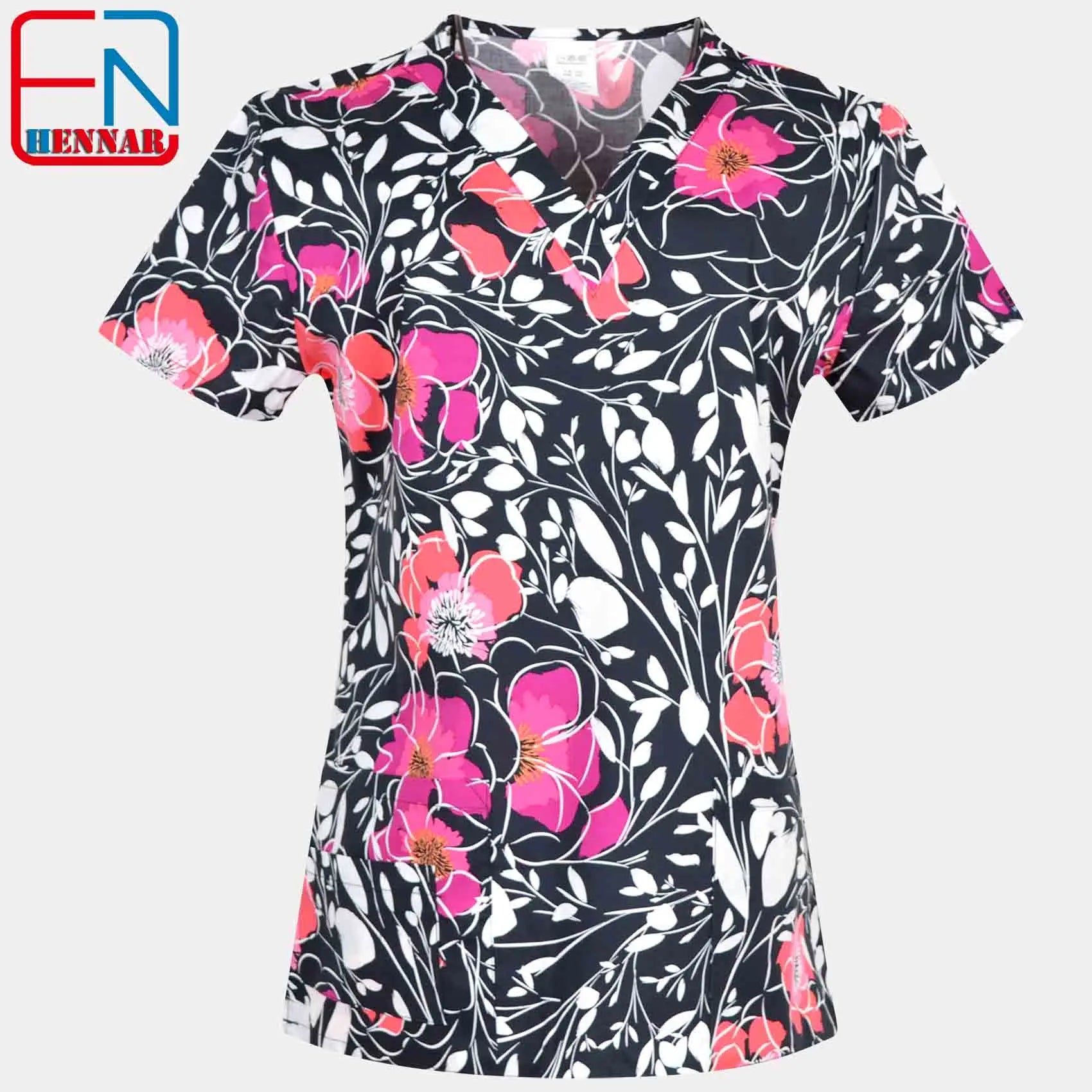 Women’s Printed V-Neck Scrub Top with Pockets – Multiple Designs