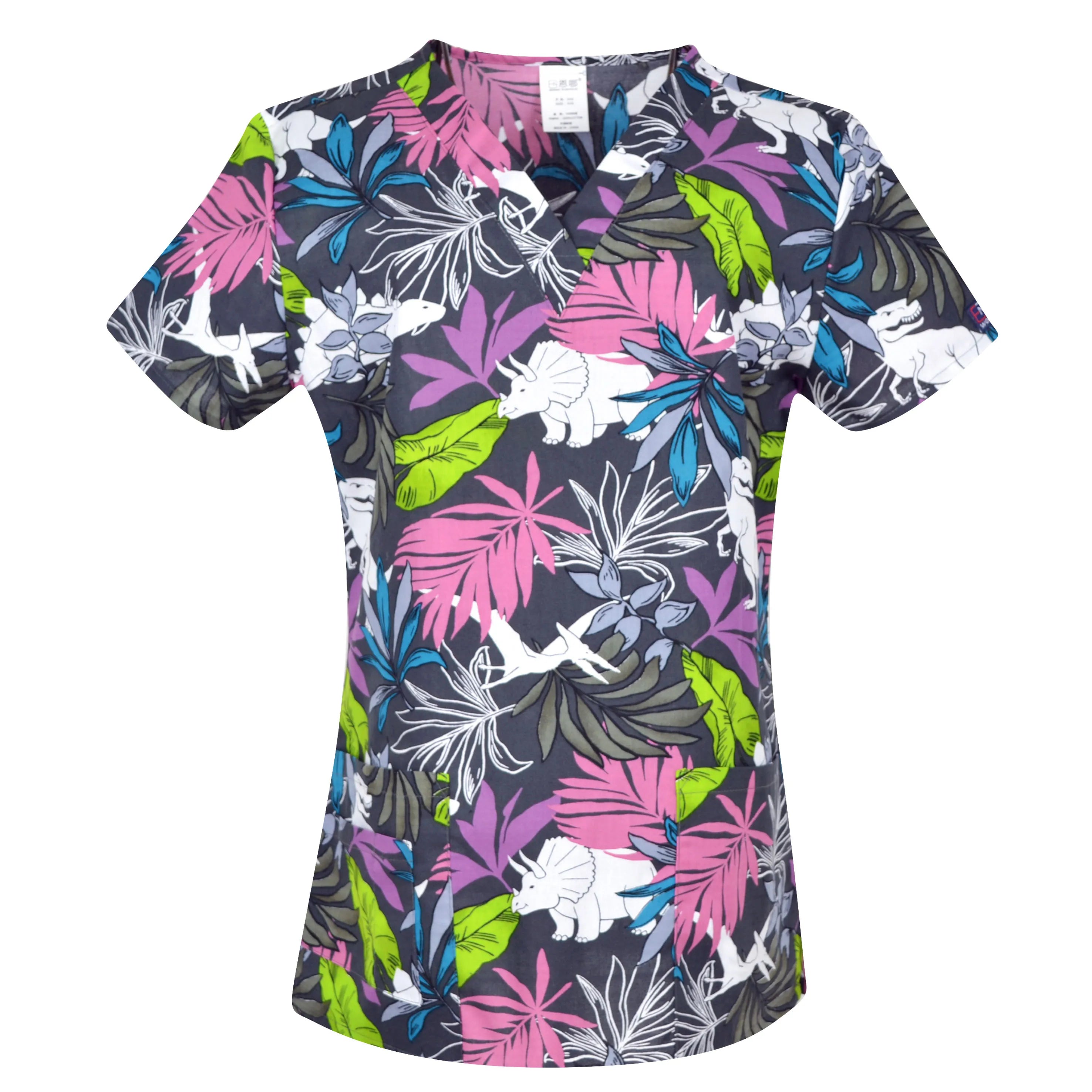 Women’s Printed V-Neck Scrub Top with Pockets – Multiple Designs