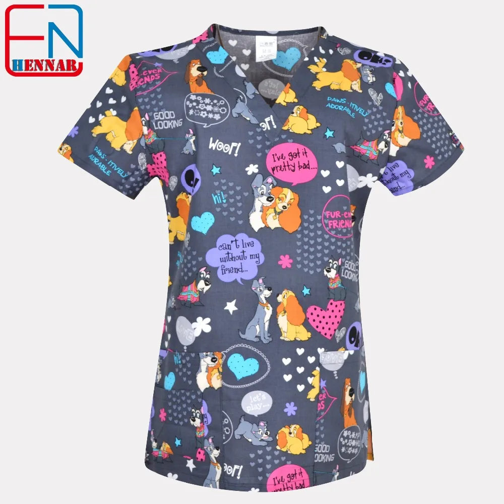 Women’s Printed V-Neck Scrub Top with Pockets – Multiple Designs