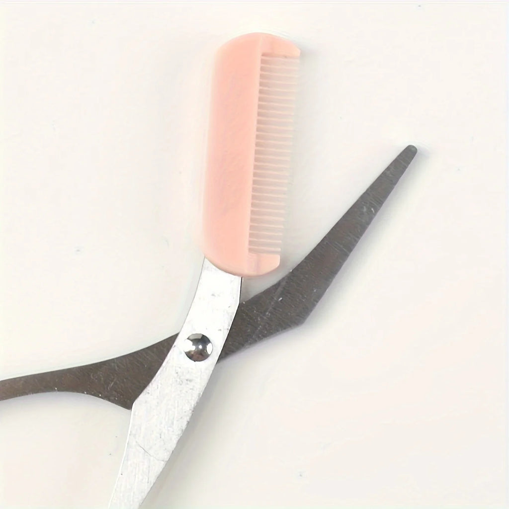 Pink Eyebrow Trimming Scissors with Built-In Comb – Stainless Steel Grooming Tool