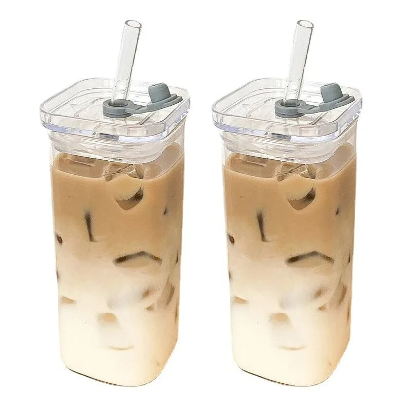 Square Glass Tumbler with Lid & Straw – Heat Resistant Iced Coffee Cup