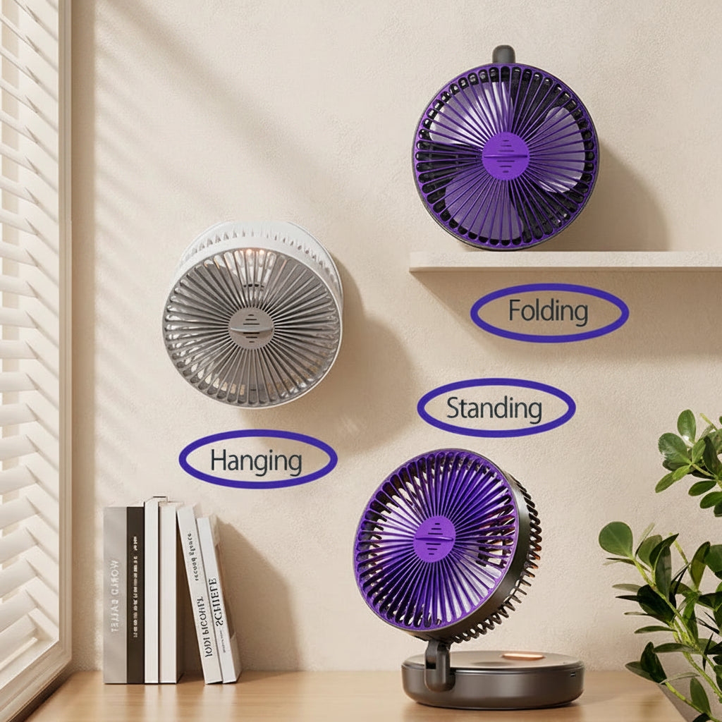 Rechargeable 3-in-1 Portable Fan – Wall Mounted, Folding, Desktop, 4 Speed Gears