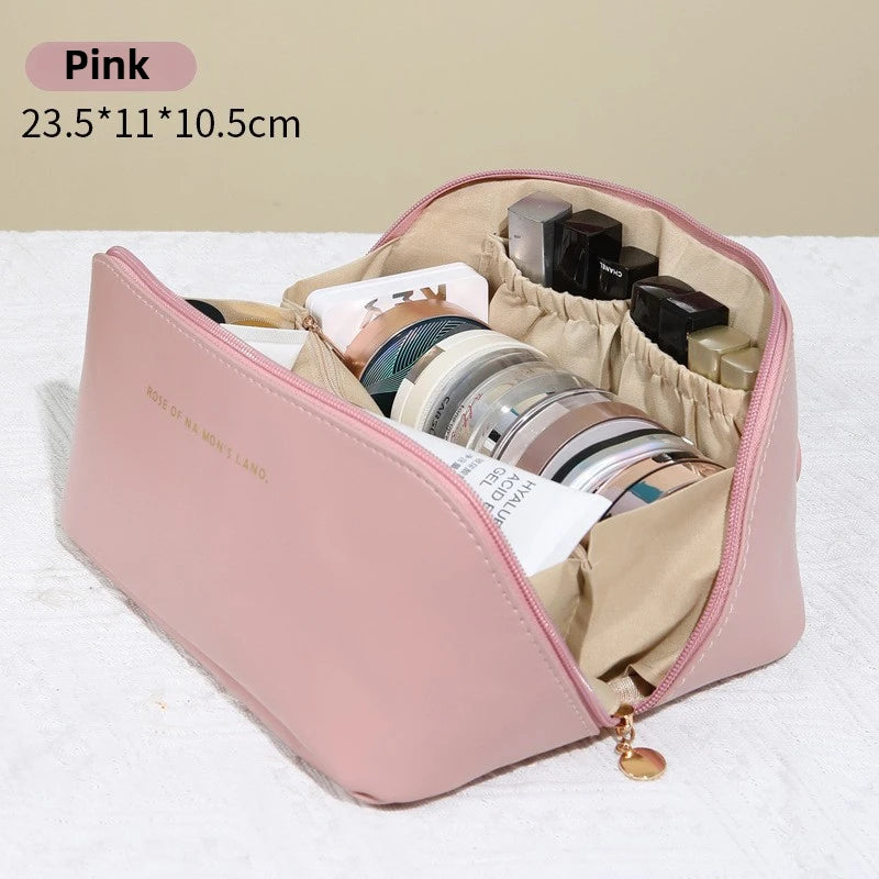 Large-Capacity PU Leather Cosmetic Bag – Travel Makeup Organizer