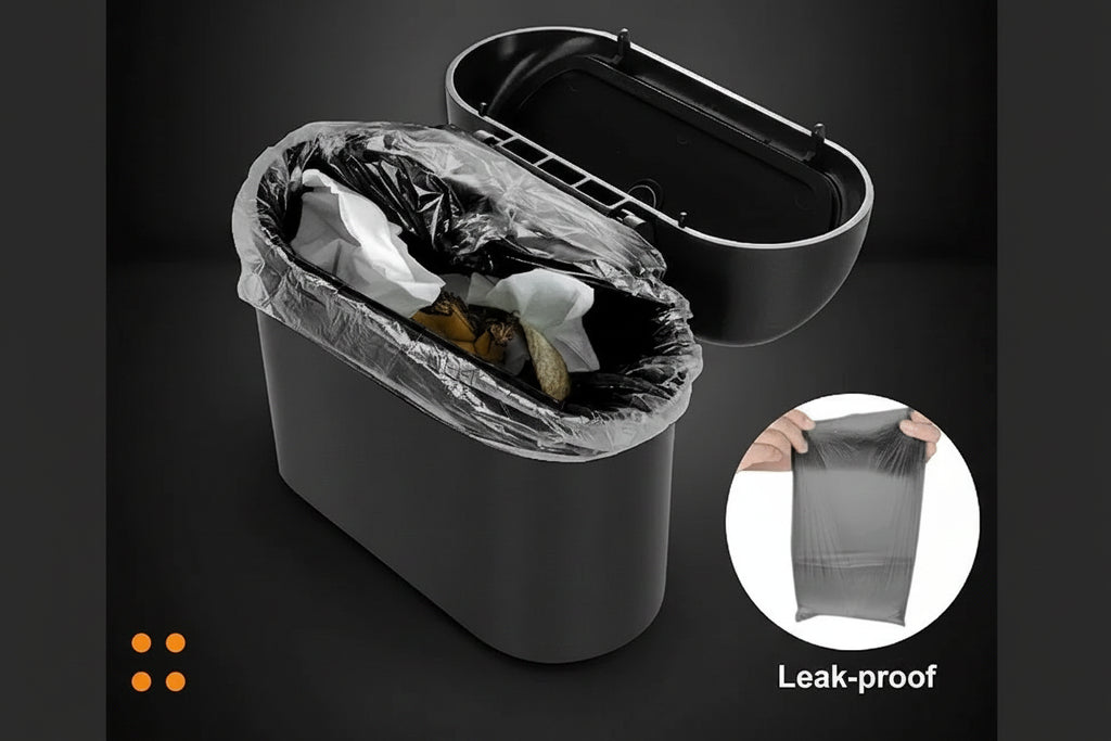 Mini Trash Can with Lid – Leakproof Car & Desk Garbage Bin, Includes 60 Bags