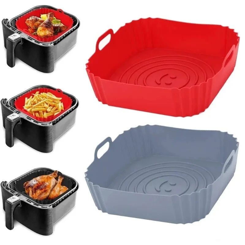Reusable Square Silicone Air Fryer Liners – 8 Inch Non-Stick Basket Mats, Set of 2