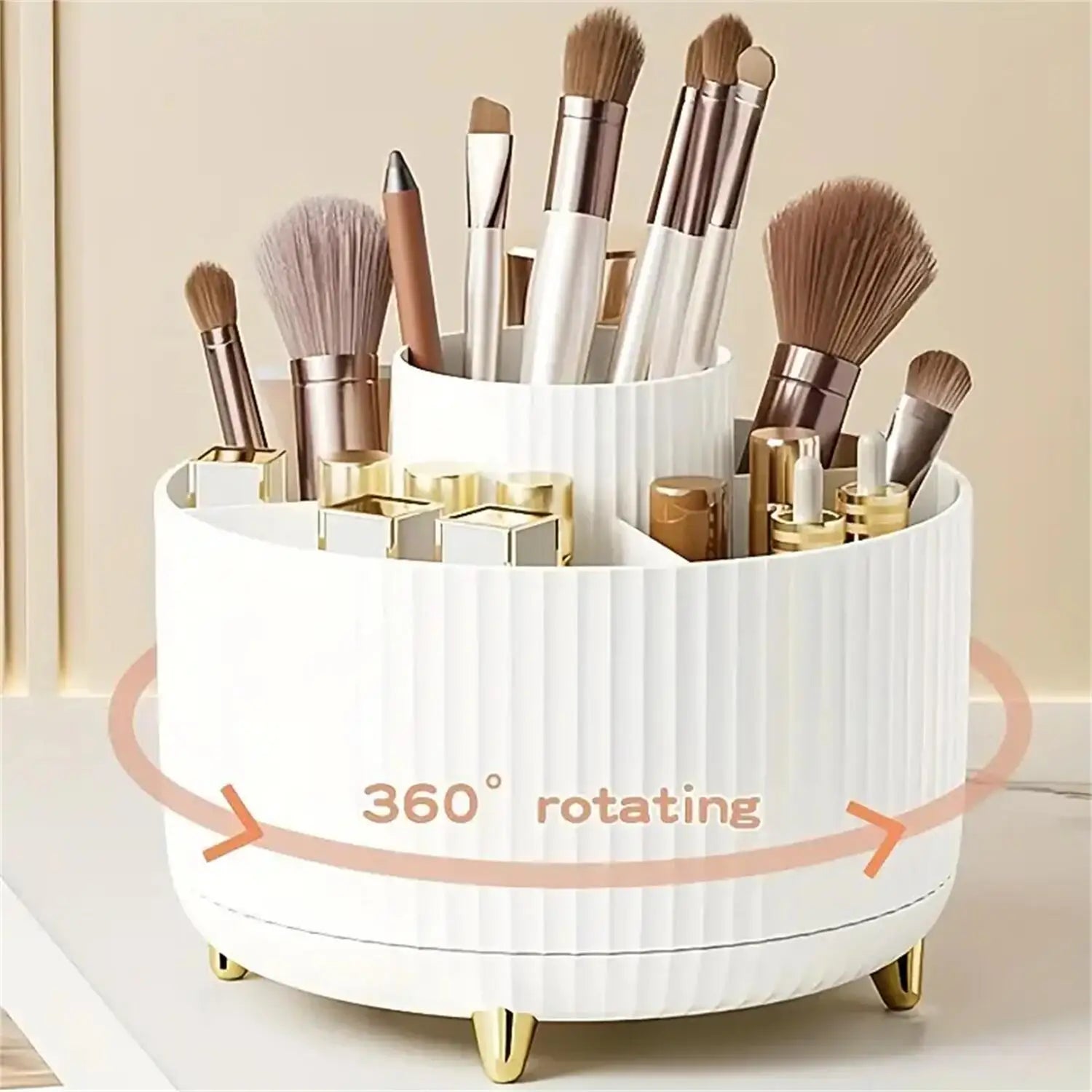 360° Rotating Makeup Organizer – 5-Compartment Cosmetic & Brush Storage