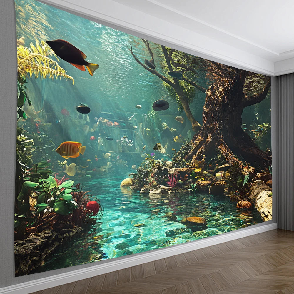 Aquarium Wall Tapestry – Polyester Fiber Underwater Wall Decor for Bedroom & Dorm