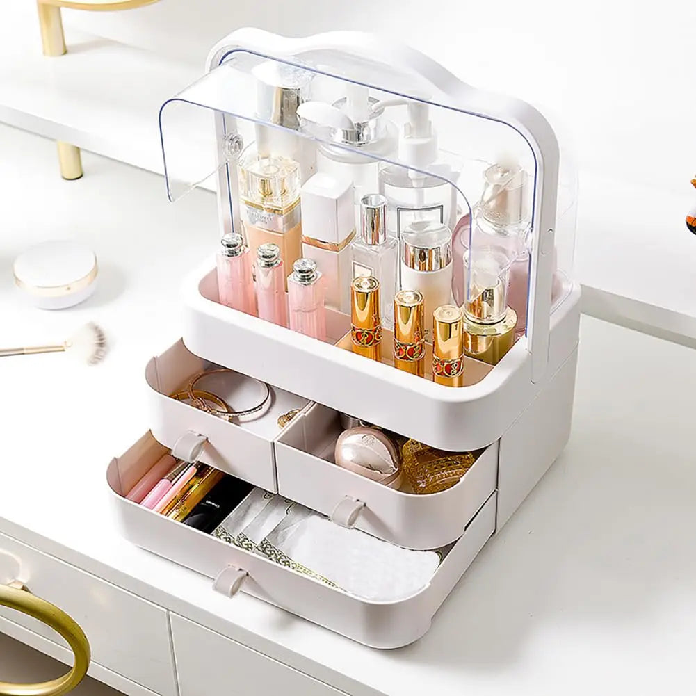 Waterproof Cosmetic Organizer with Lid & Drawers – Dustproof Makeup Storage Box