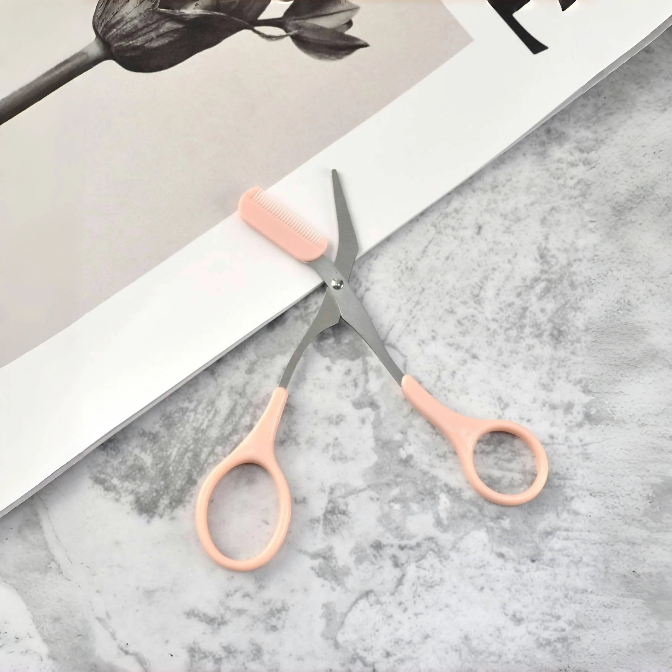 Pink Eyebrow Trimming Scissors with Built-In Comb – Stainless Steel Grooming Tool