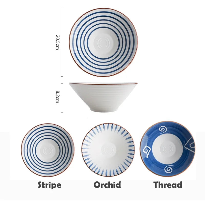 8-Inch Japanese Ramen Bowl – Ceramic Noodle Bowl, Microwave Safe, Blue Under-Glaze Design, 1.2L