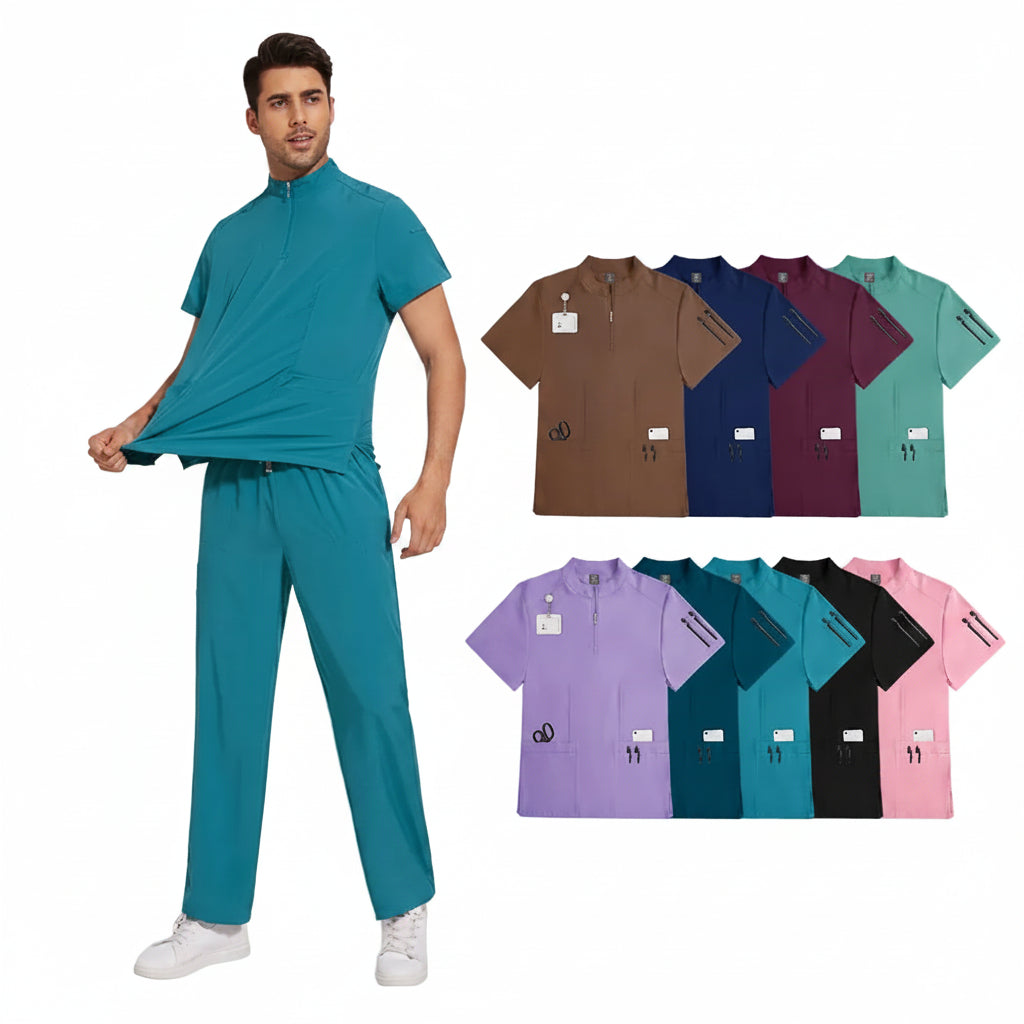 A man modeling a teal scrub top and matching scrub pants on a light
Grey. Nine color variants of the scrub set are shown in smaller inset images on the right, including brown, navy, burgundy, mint, lavender, black, teal, and pink.