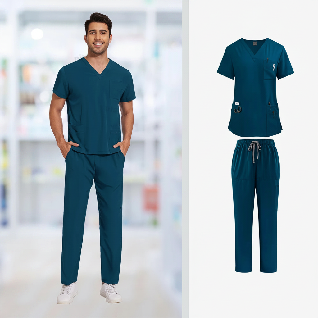 Men's Medical Scrub Set – V-Neck Stretch Nursing Uniform for Healthcare Professionals