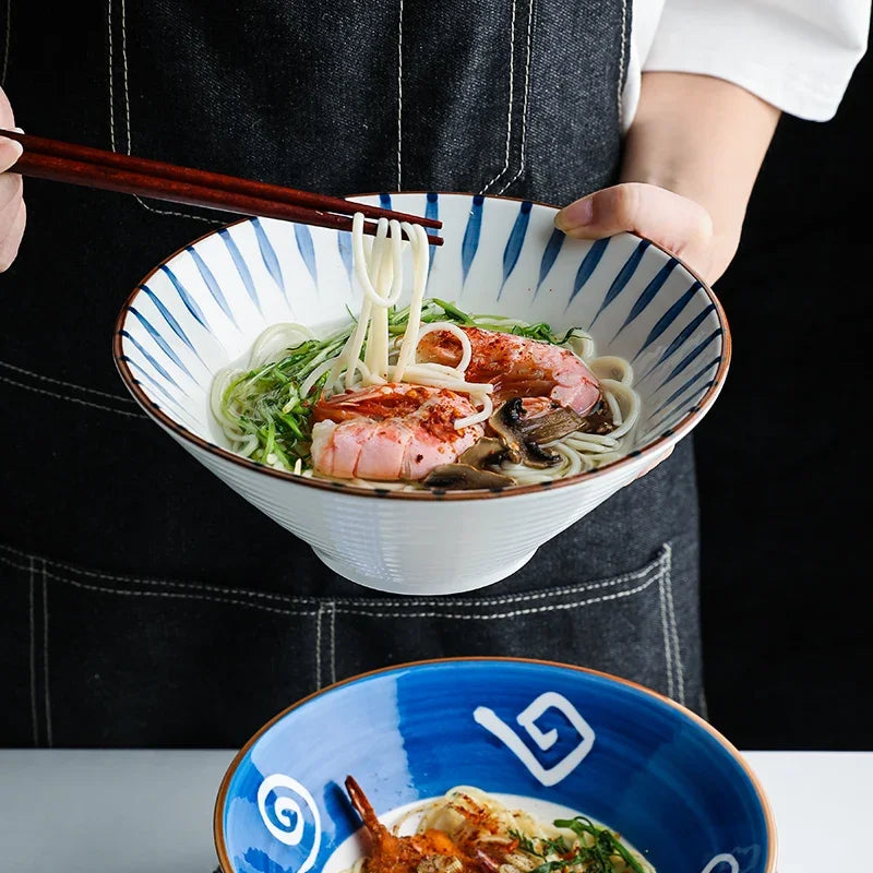 8-Inch Japanese Ramen Bowl – Ceramic Noodle Bowl, Microwave Safe, Blue Under-Glaze Design, 1.2L