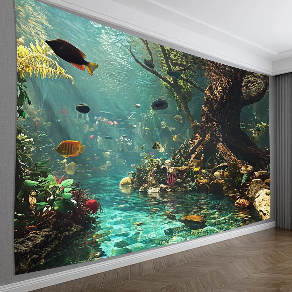 Aquarium Wall Tapestry – Polyester Fiber Underwater Wall Decor for Bedroom & Dorm