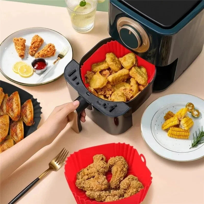 Reusable Square Silicone Air Fryer Liners – 8 Inch Non-Stick Basket Mats, Set of 2