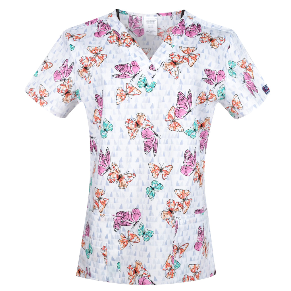 Women’s Printed V-Neck Scrub Top with Pockets – Multiple Designs
