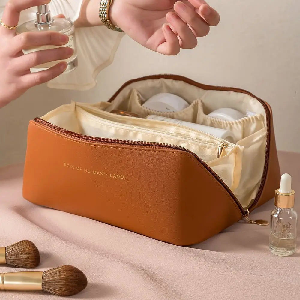 Large-Capacity PU Leather Cosmetic Bag – Travel Makeup Organizer