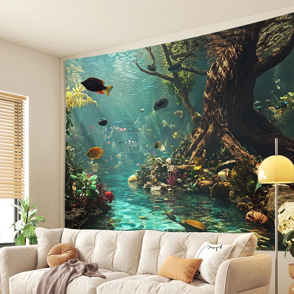 Aquarium Wall Tapestry – Polyester Fiber Underwater Wall Decor for Bedroom & Dorm