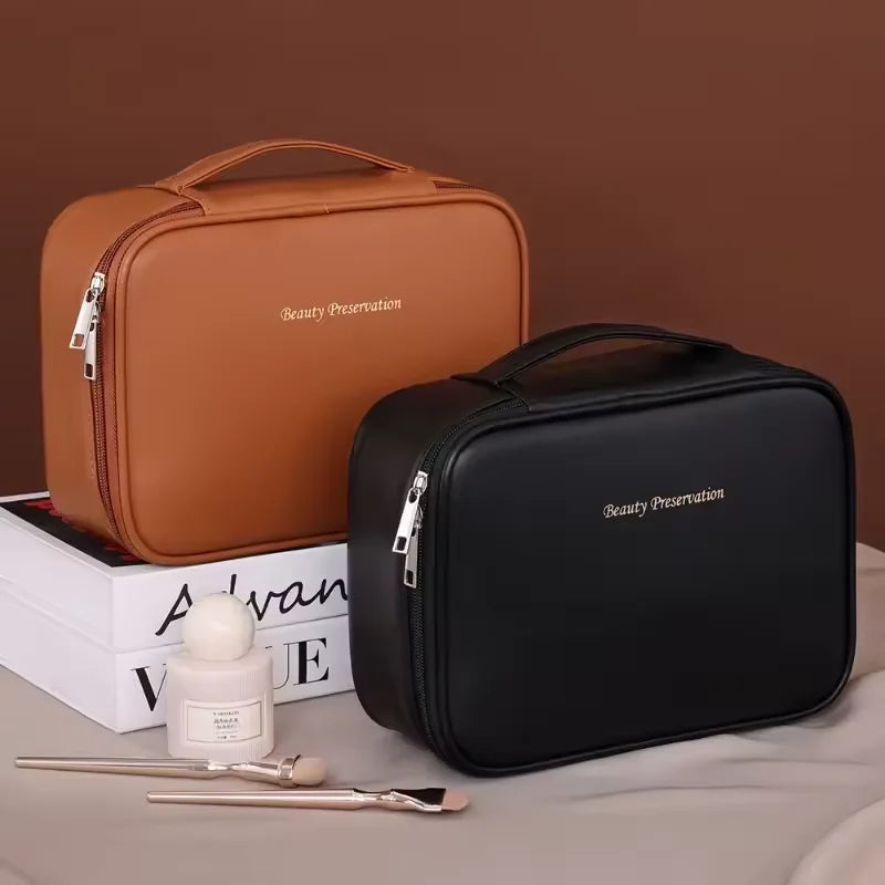 Women's Double-Layer Cosmetic Bag – Large-Capacity PU Leather Makeup Organizer