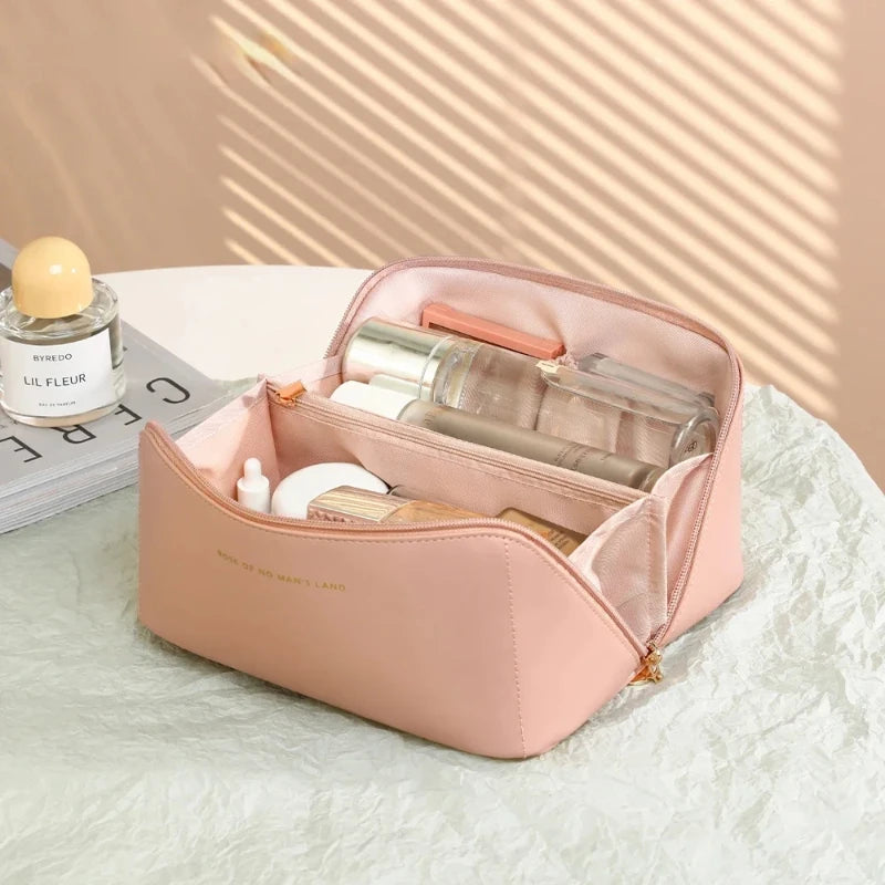 Large-Capacity PU Leather Cosmetic Bag – Travel Makeup Organizer