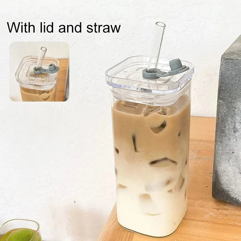 Square Glass Tumbler with Lid & Straw – Heat Resistant Iced Coffee Cup