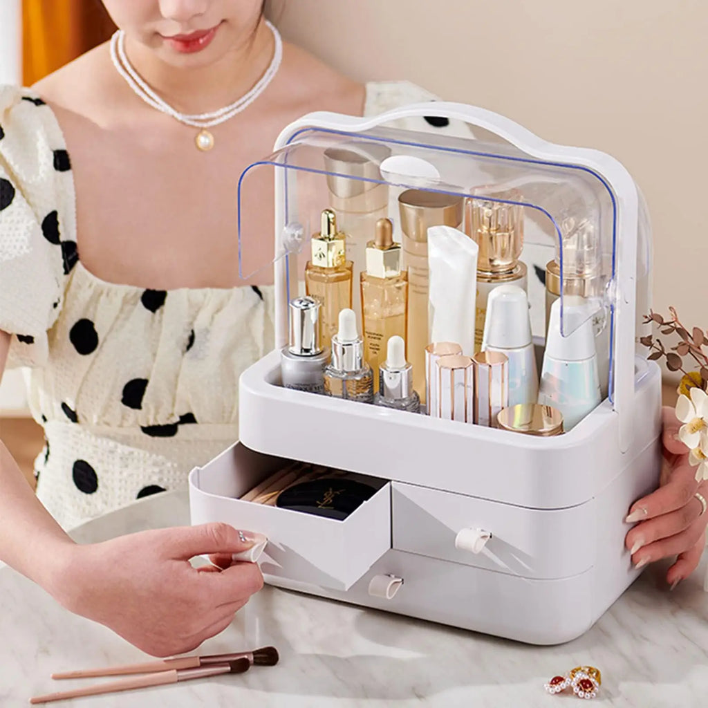 Waterproof Cosmetic Organizer with Lid & Drawers – Dustproof Makeup Storage Box