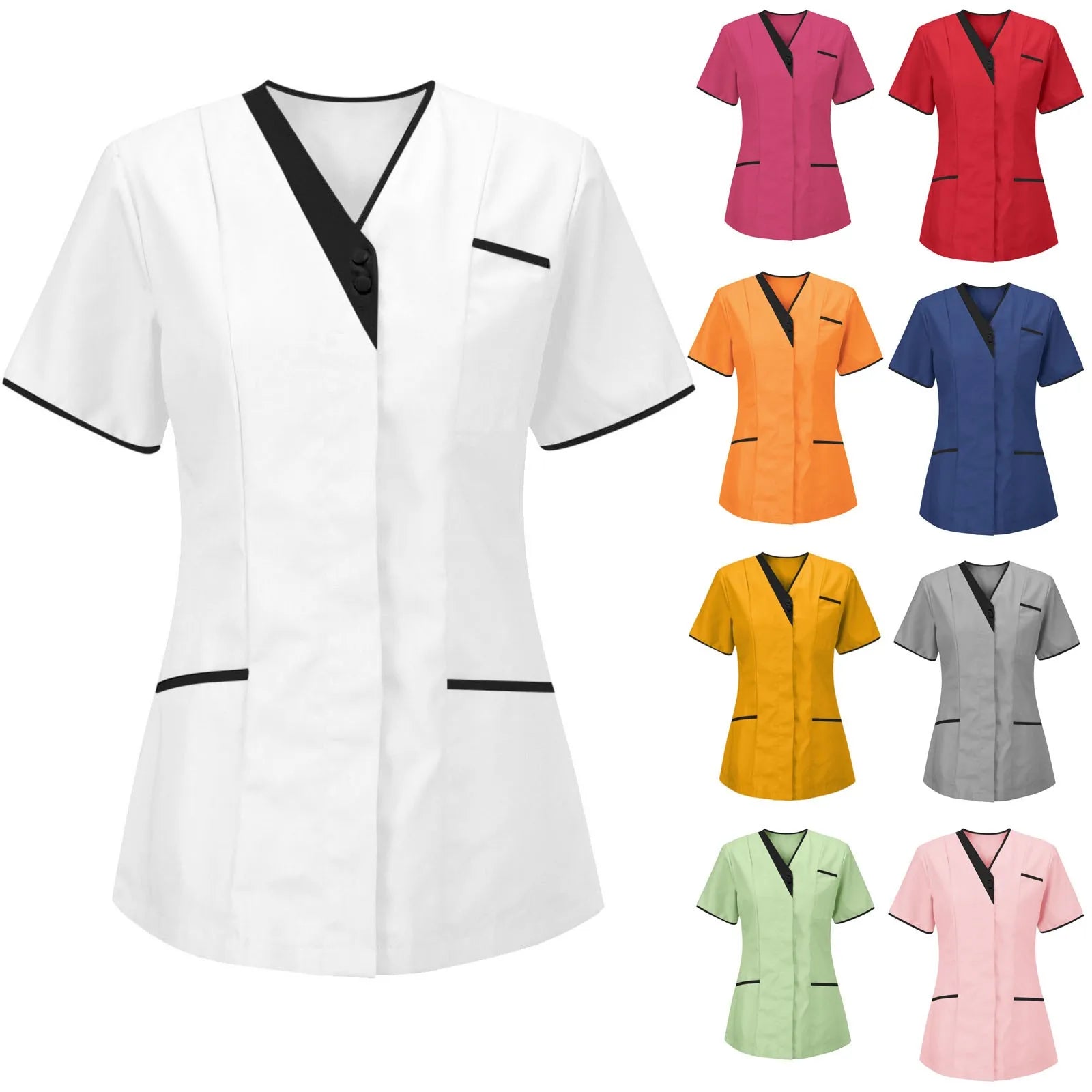 Women’s V-Neck Short Sleeve Tunic Scrubs Tops with Pockets