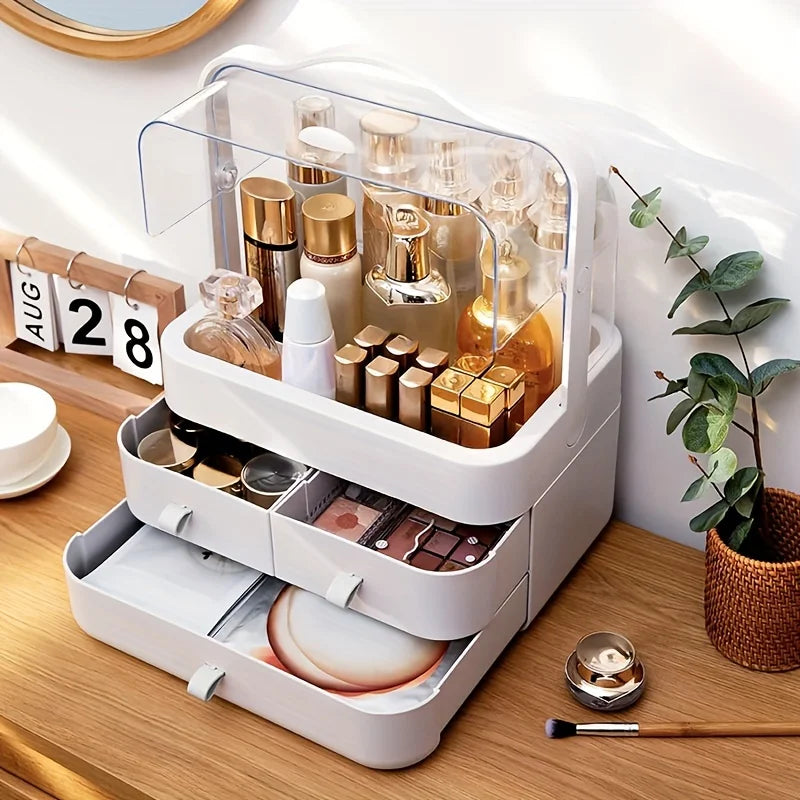Waterproof Cosmetic Organizer with Lid & Drawers – Dustproof Makeup Storage Box