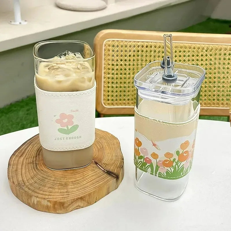 Square Glass Tumbler with Lid & Straw – Heat Resistant Iced Coffee Cup
