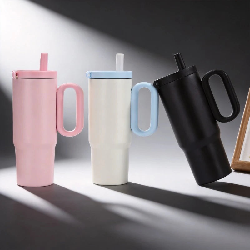 750ml  Insulated Tumbler with Handle & Straw – Reusable Travel Cup.