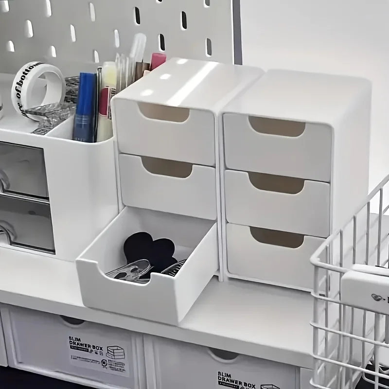 3-Tier Stackable Drawer Organizer – White Desktop Storage Box