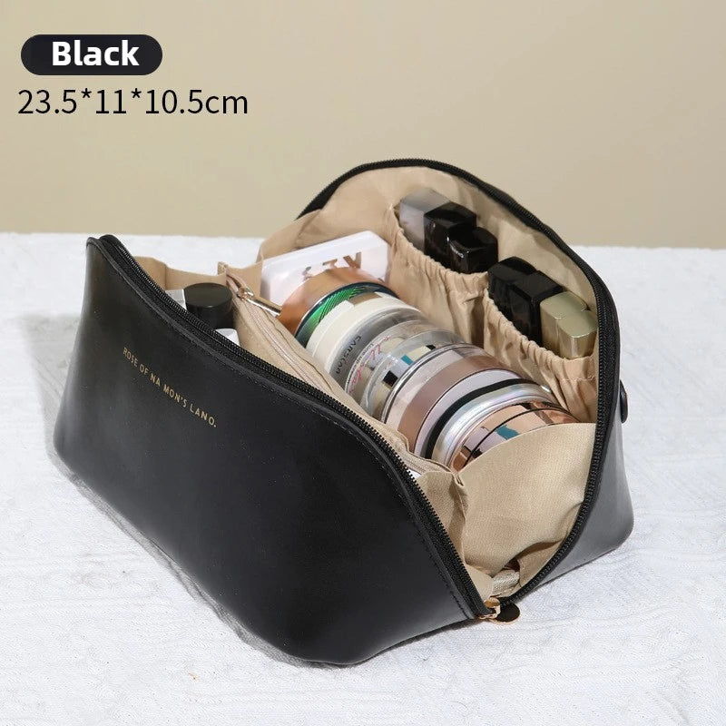 Large-Capacity PU Leather Cosmetic Bag – Travel Makeup Organizer