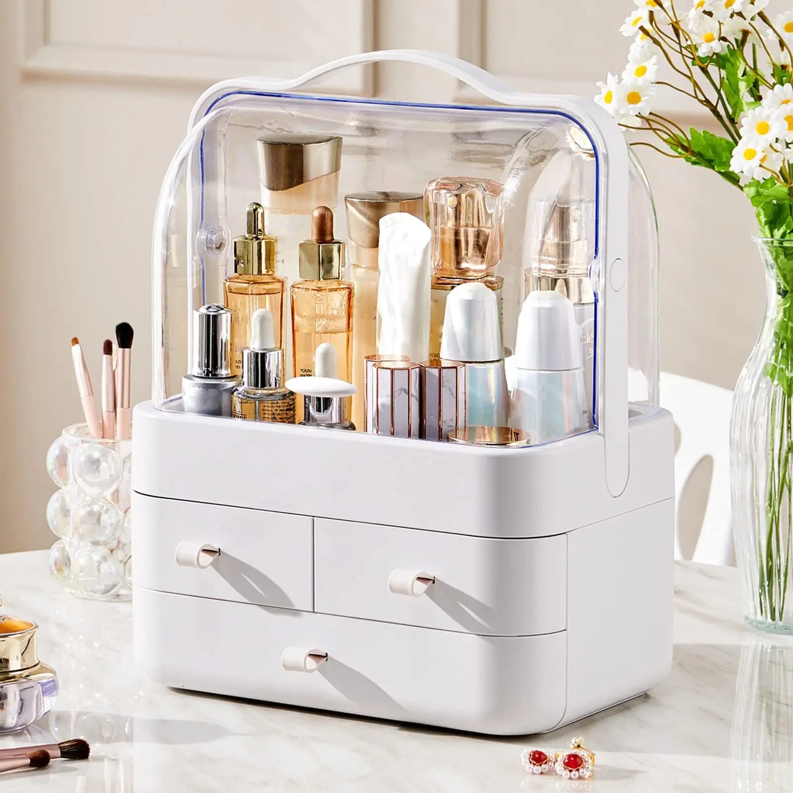 Waterproof Cosmetic Organizer with Lid & Drawers – Dustproof Makeup Storage Box