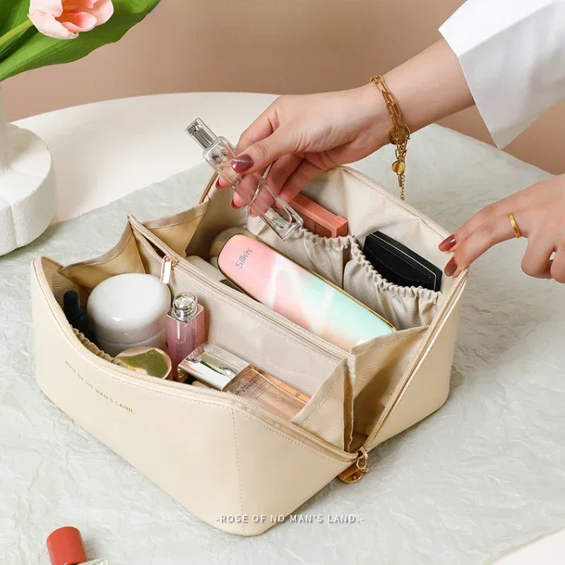 Large-Capacity PU Leather Cosmetic Bag – Travel Makeup Organizer