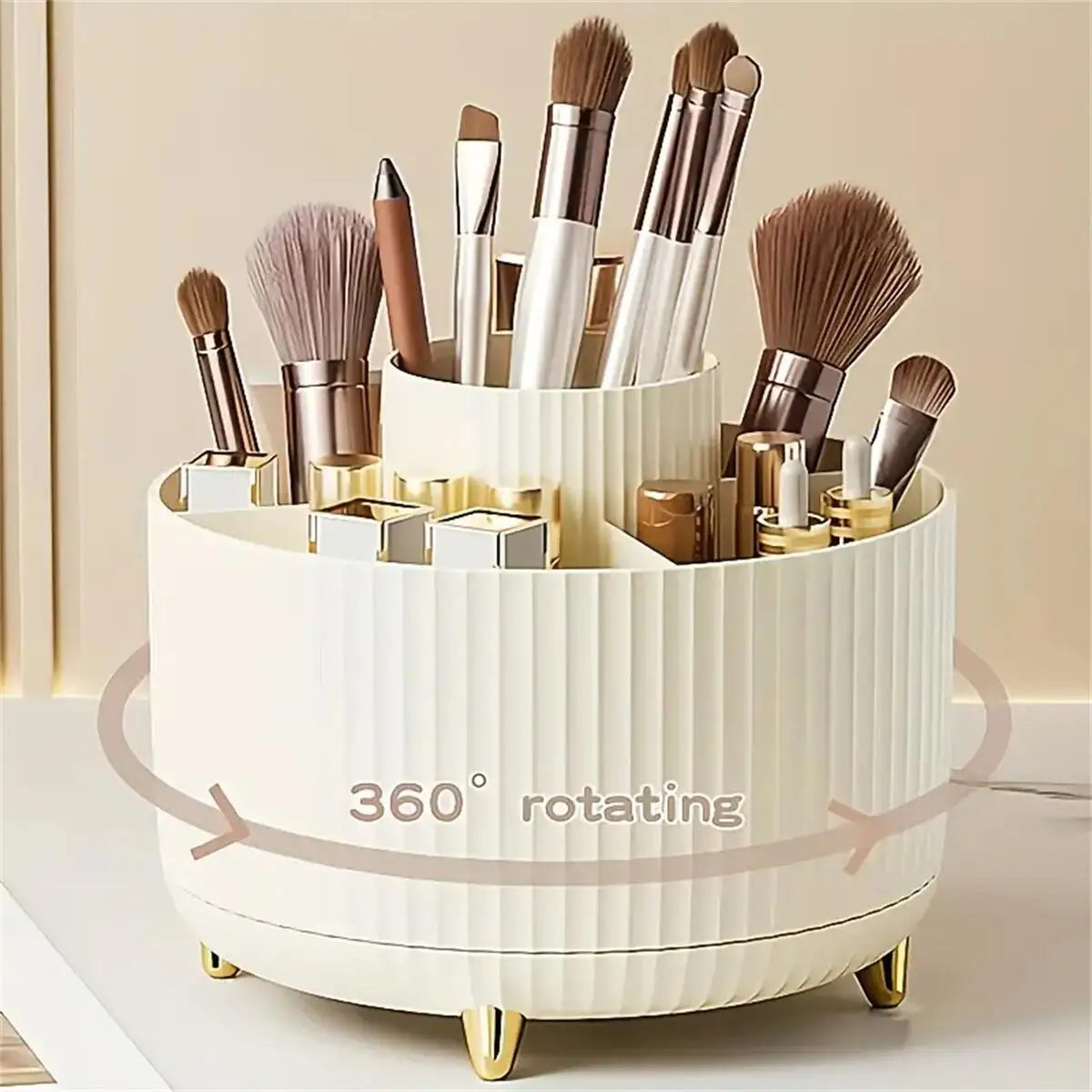 360° Rotating Makeup Organizer – 5-Compartment Cosmetic & Brush Storage