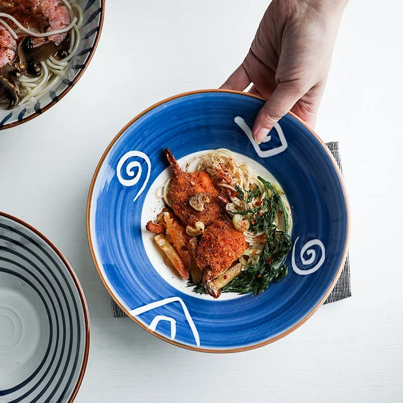 8-Inch Japanese Ramen Bowl – Ceramic Noodle Bowl, Microwave Safe, Blue Under-Glaze Design, 1.2L
