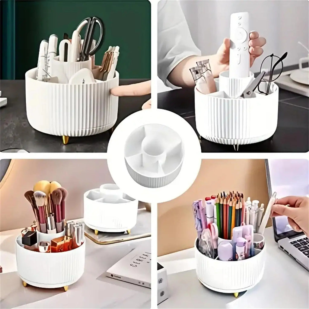 360° Rotating Makeup Organizer – 5-Compartment Cosmetic & Brush Storage