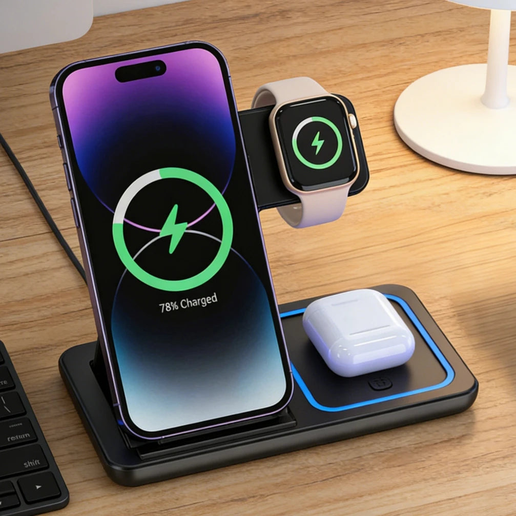 3-in-1 Foldable Wireless Charging Station – iPhone, Watch & Earbuds Charger