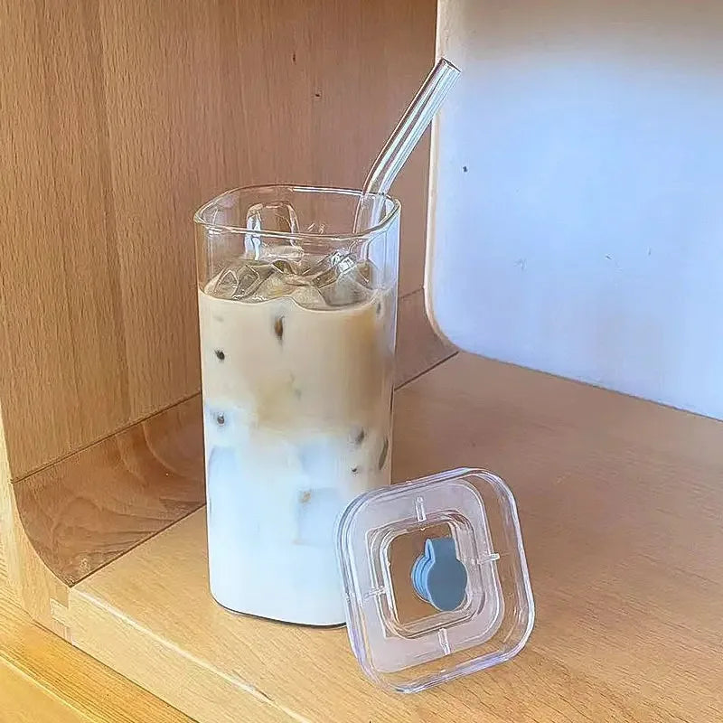 Square Glass Tumbler with Lid & Straw – Heat Resistant Iced Coffee Cup