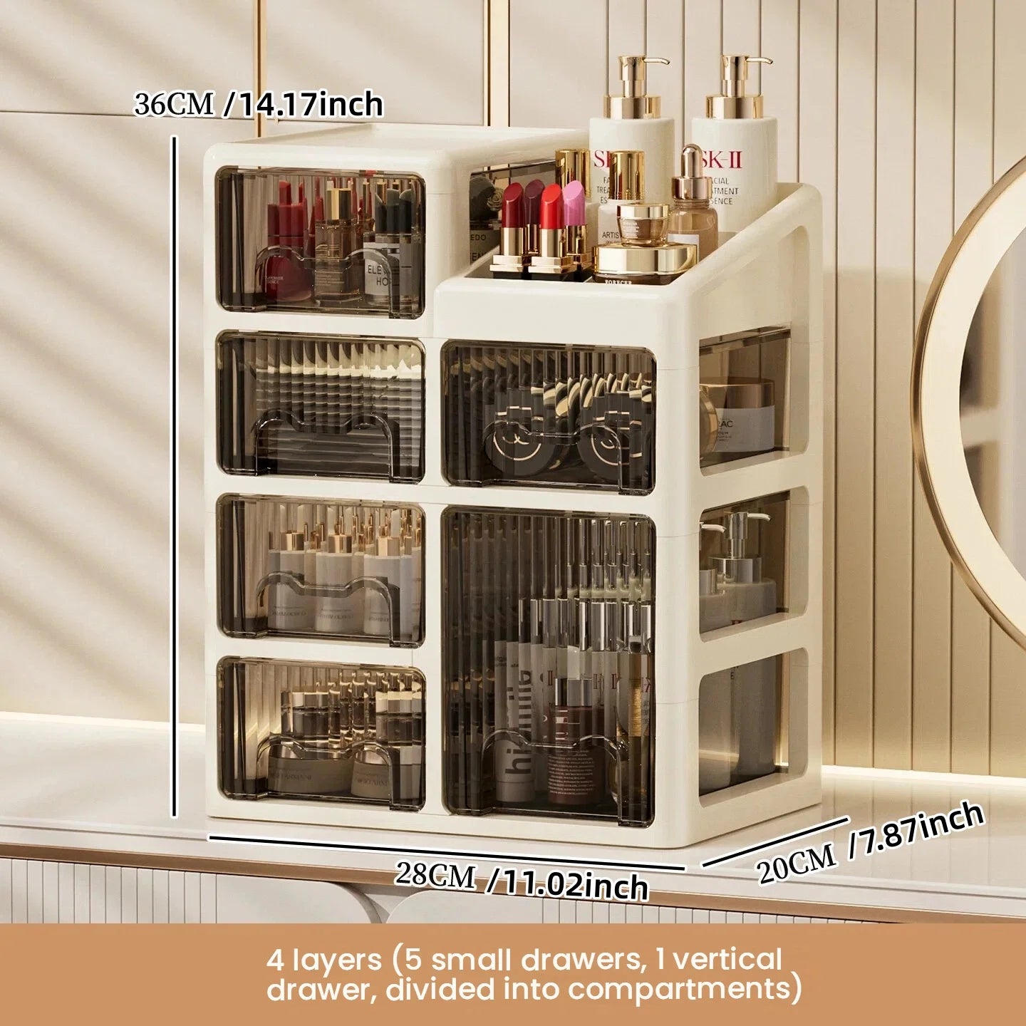 Luxury Makeup Organizer with Drawers – Cosmetic & Skincare Storage Box for Vanity