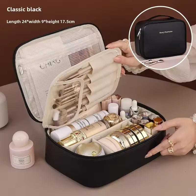 Women's Double-Layer Cosmetic Bag – Large-Capacity PU Leather Makeup Organizer